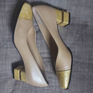 Pearly cream, yellow ostrich& gold leather pumps.